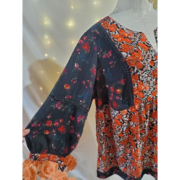 Caffé Marrakesh Floral 3/4 Sleeve Babydoll Boho Blouse Womens Sz 2X Hippie Top - Picture 6 of 10